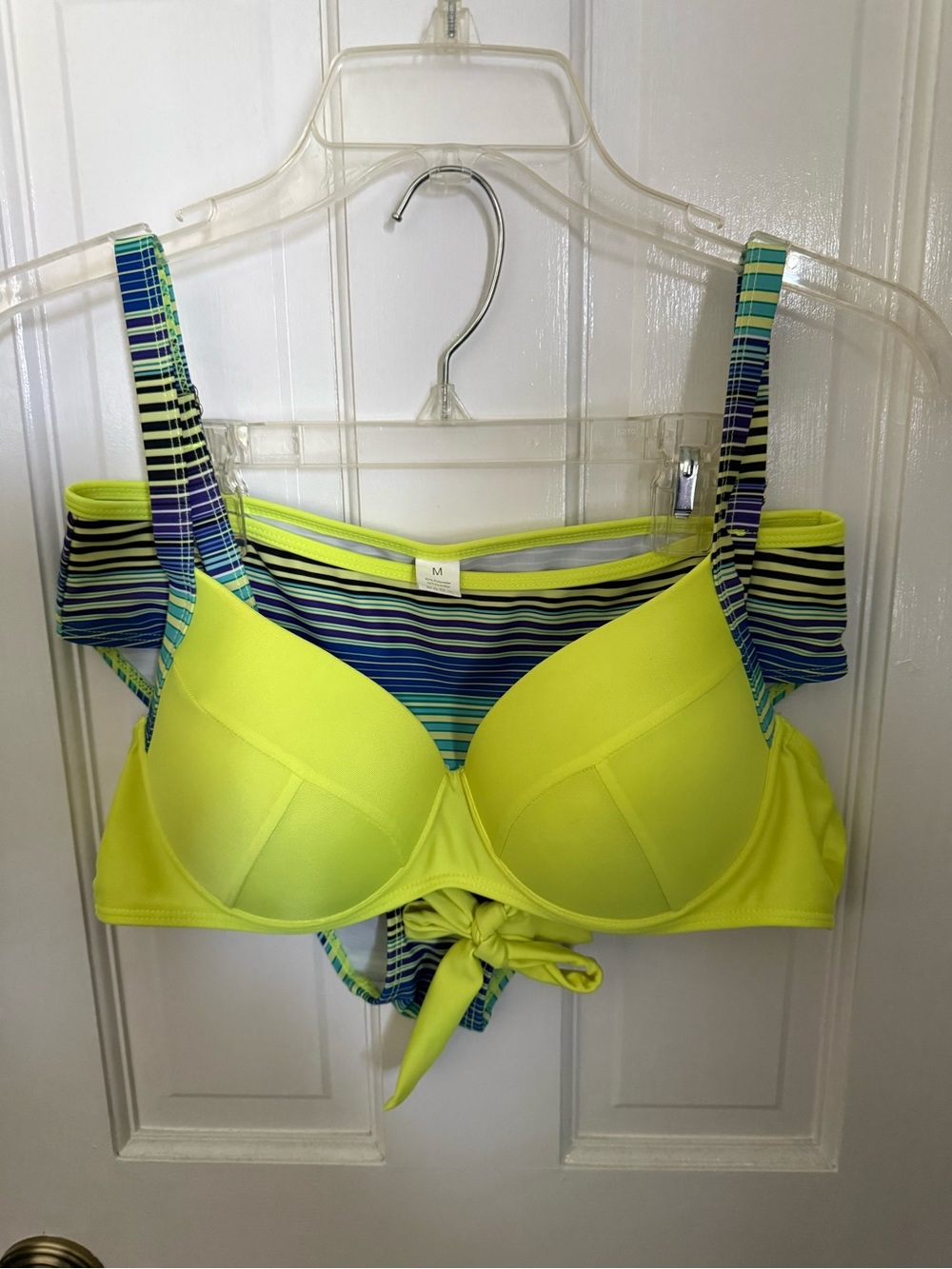 Neon Striped Underwire Bikini Set Adjustable striped Straps Tie-Back Closure M